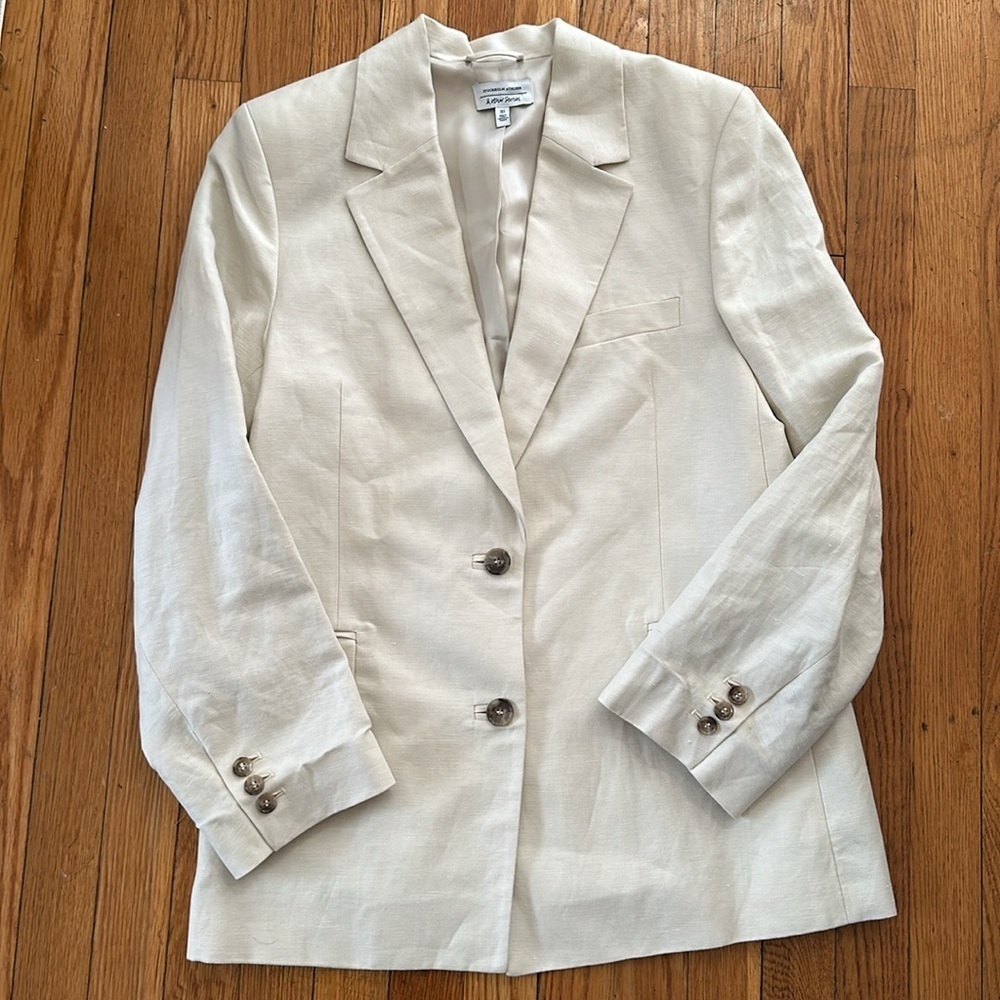 & other stories neutral beige linen blend long line flax 2 button blazer spring